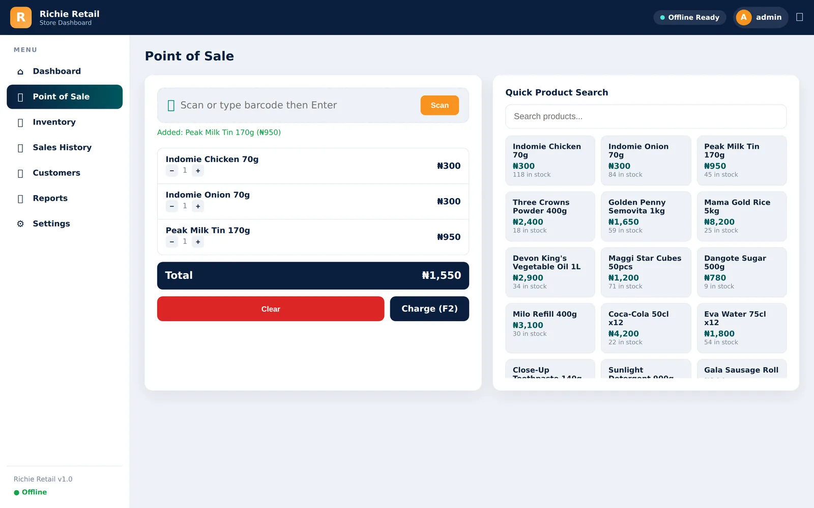 Live cart screen of the point of sale