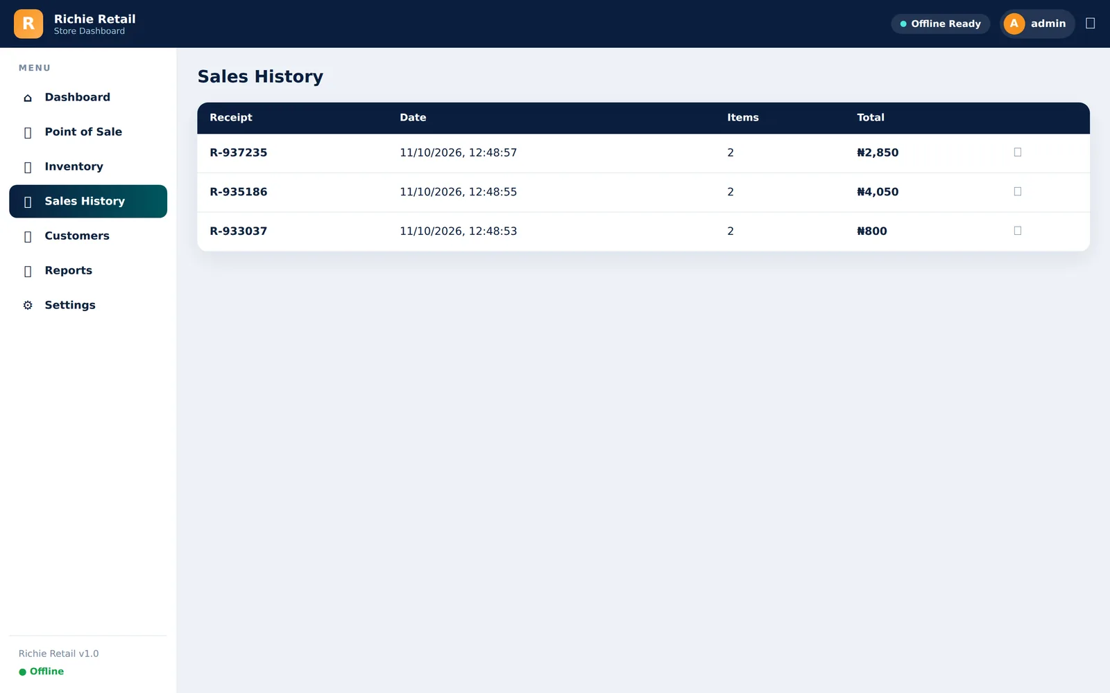 Sales history screen listing past transactions