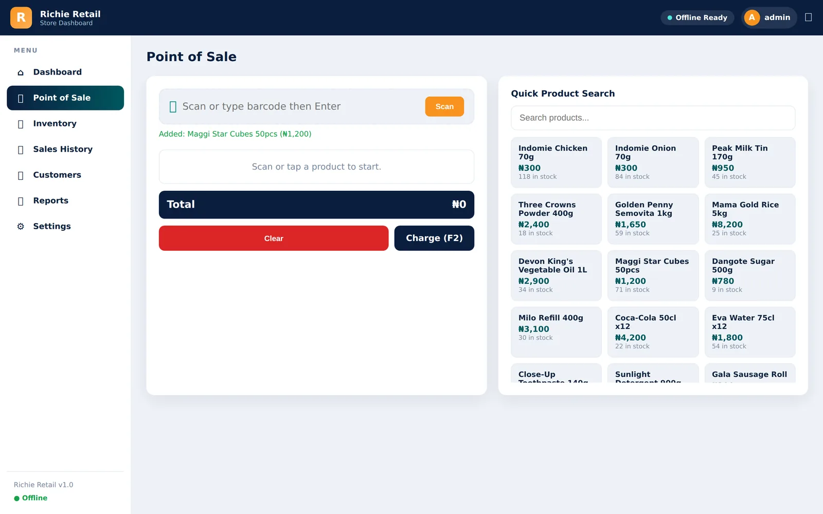 Offline-first point of sale till with a live cart, running total and quick product search